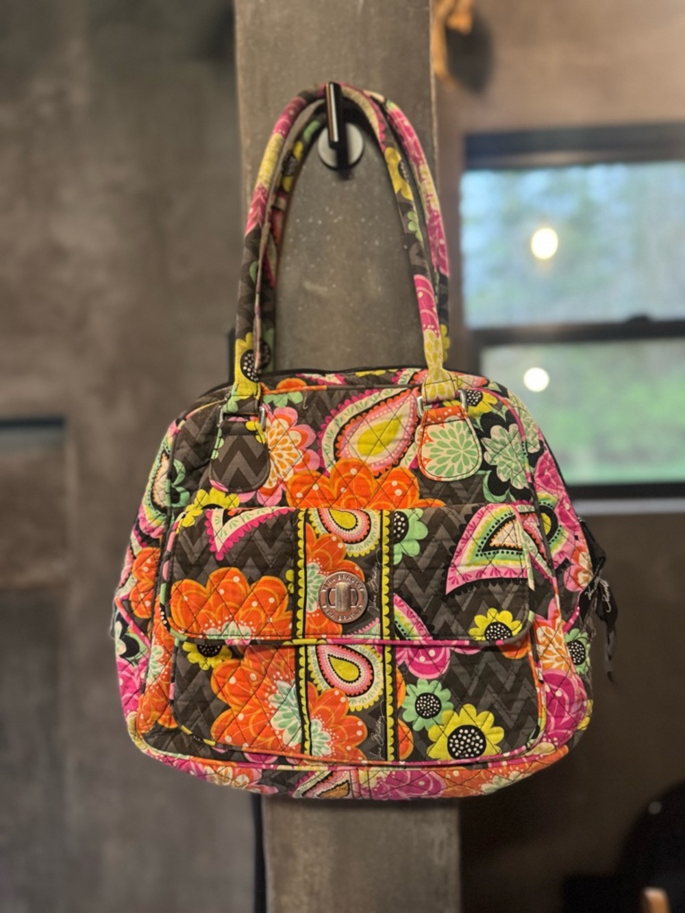 Vera Bradley Black Quilted Shoulder Bag with Orange, Pink & Green Floral Paisley